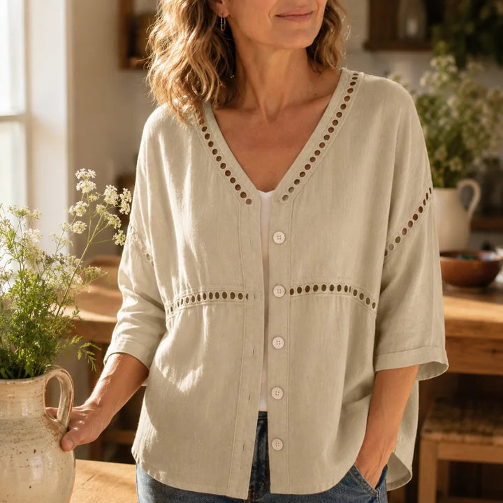Loralee – Women's Lace Look-Trim Button-Up Blouse with Soft V-Neck Drape