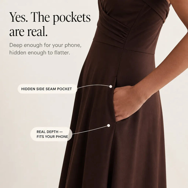 Vellora – Ruched Sweetheart Midi Dress with Pockets