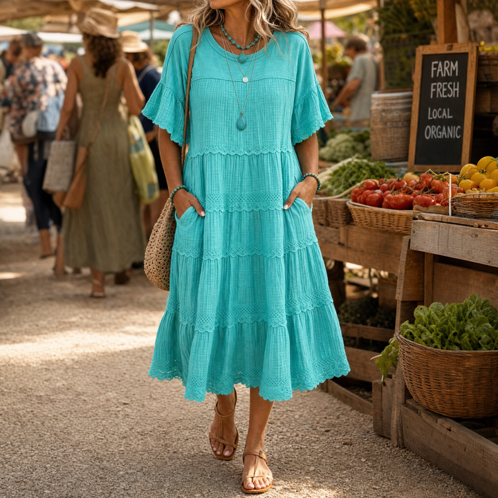 Sundara™ Tiered Lace Midi Dress with Hidden Pockets