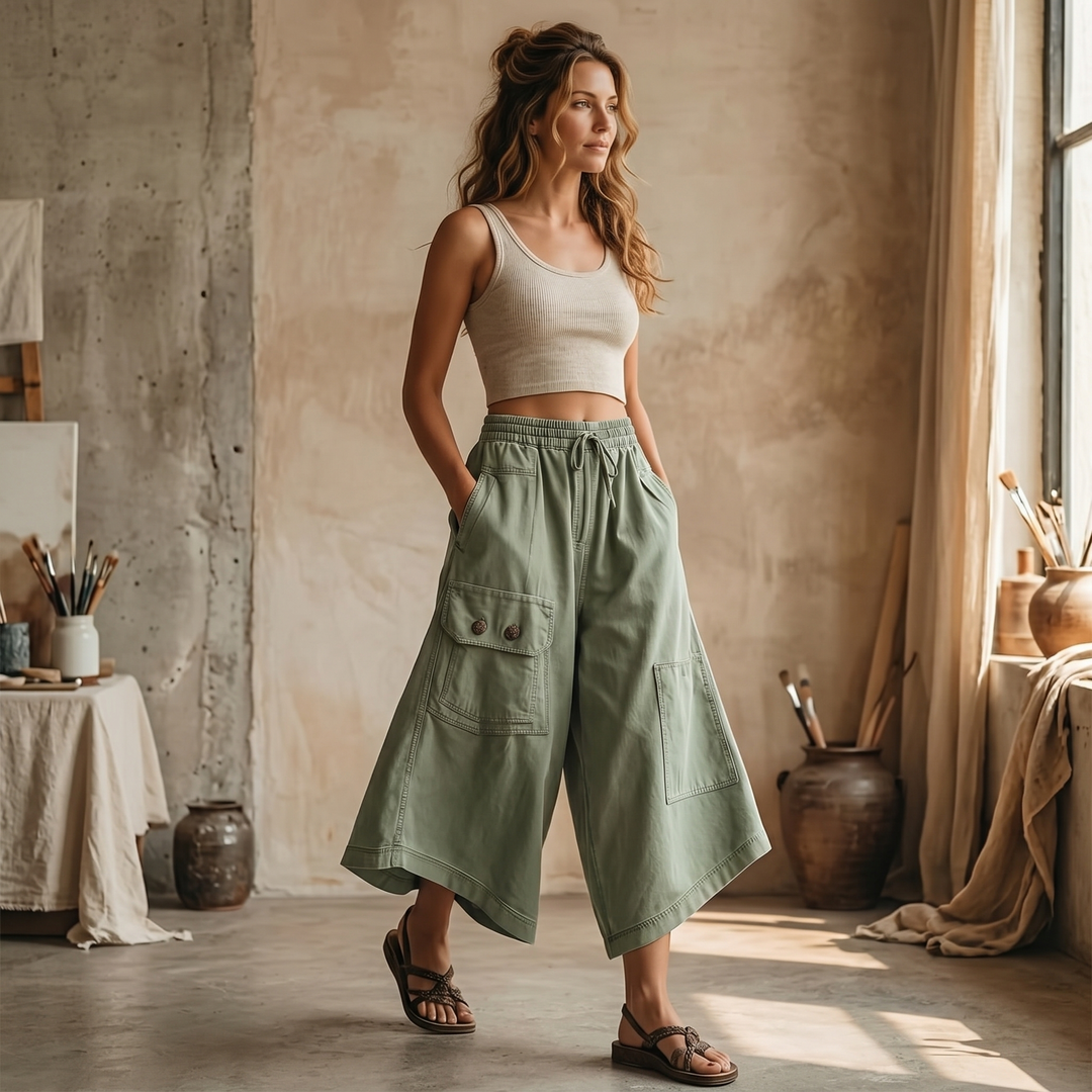 Wearbella™ – Wide-Leg Cargo Culottes with Asymmetric Hem