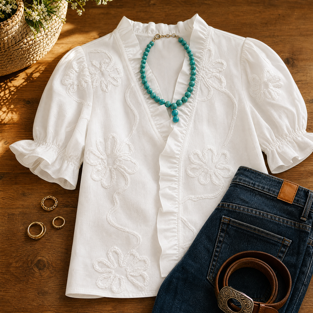 Belvera™ Romantic Ruffled V-Neck Blouse with Puff Sleeves