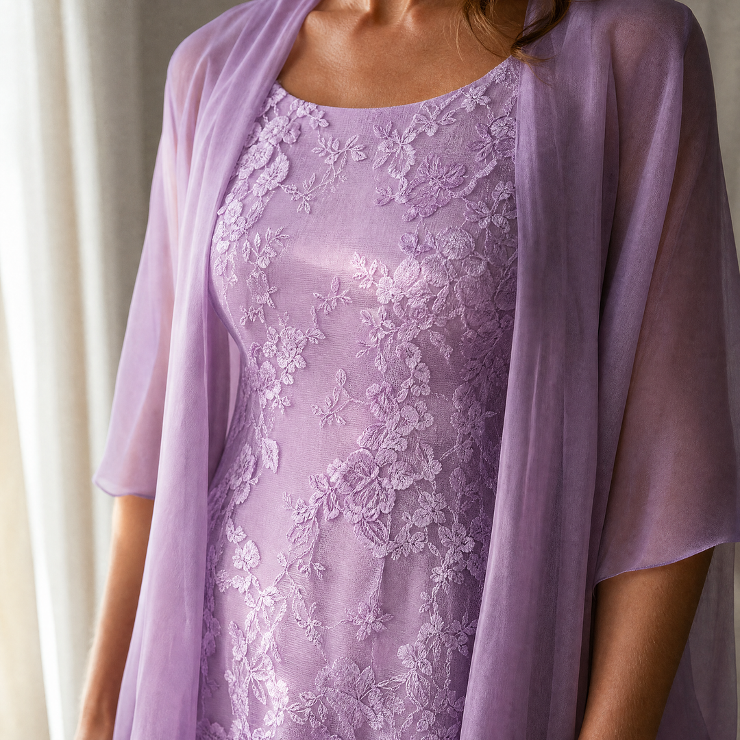 Lunavia™ Floral Lace Dress Set with Chiffon Shawl