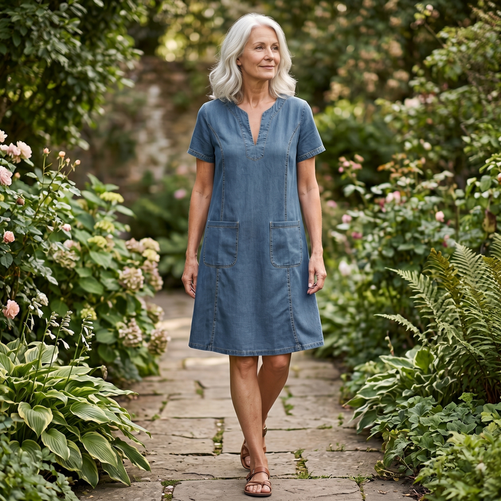 Aurelene™ – V-Neck Denim Dress with Pockets