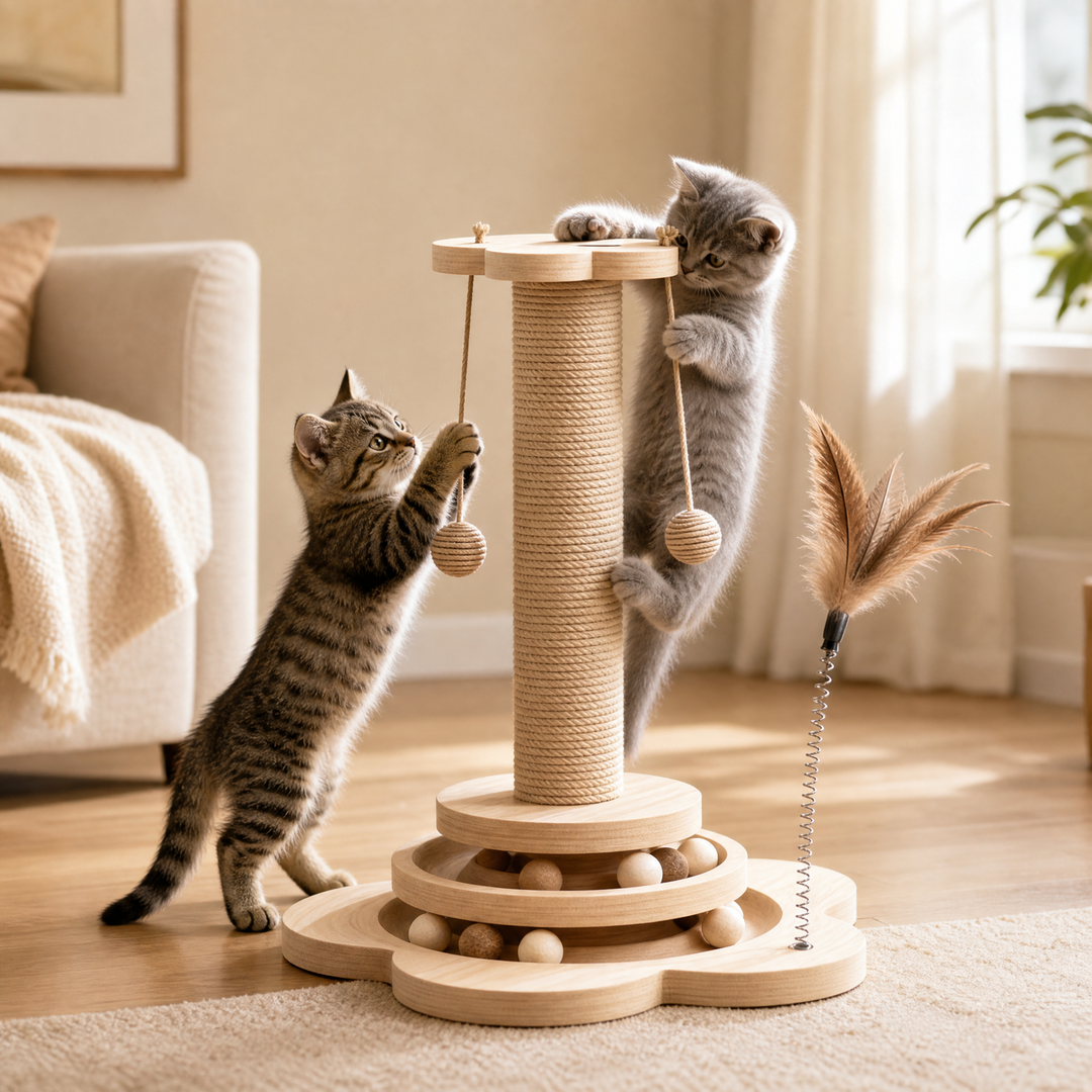 Purrch™ – 3-in-1 Sisal Scratching Post with Ball Track and Feather Wand