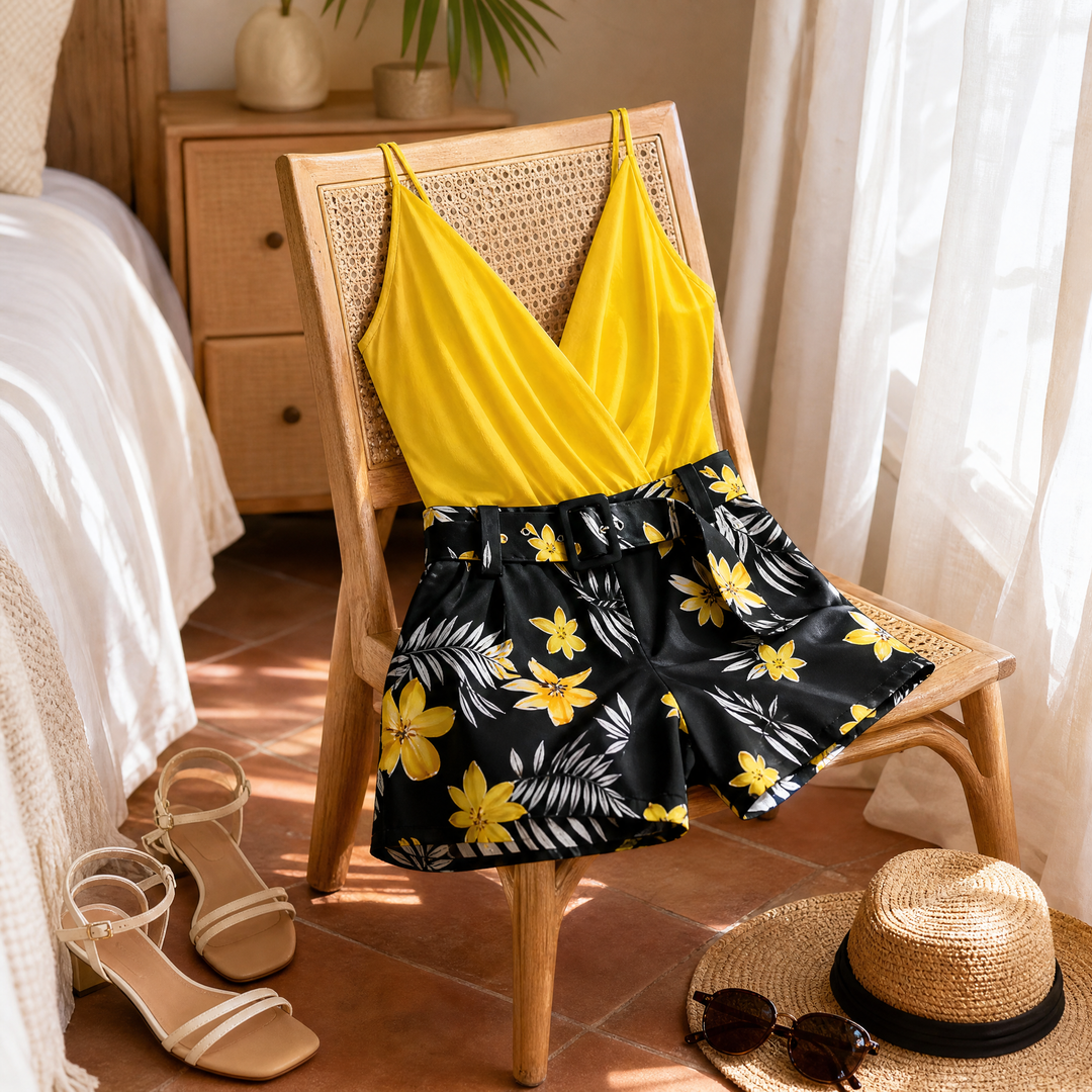 Clarendale™ Wrap V-Neck Summer Set with Floral Shorts