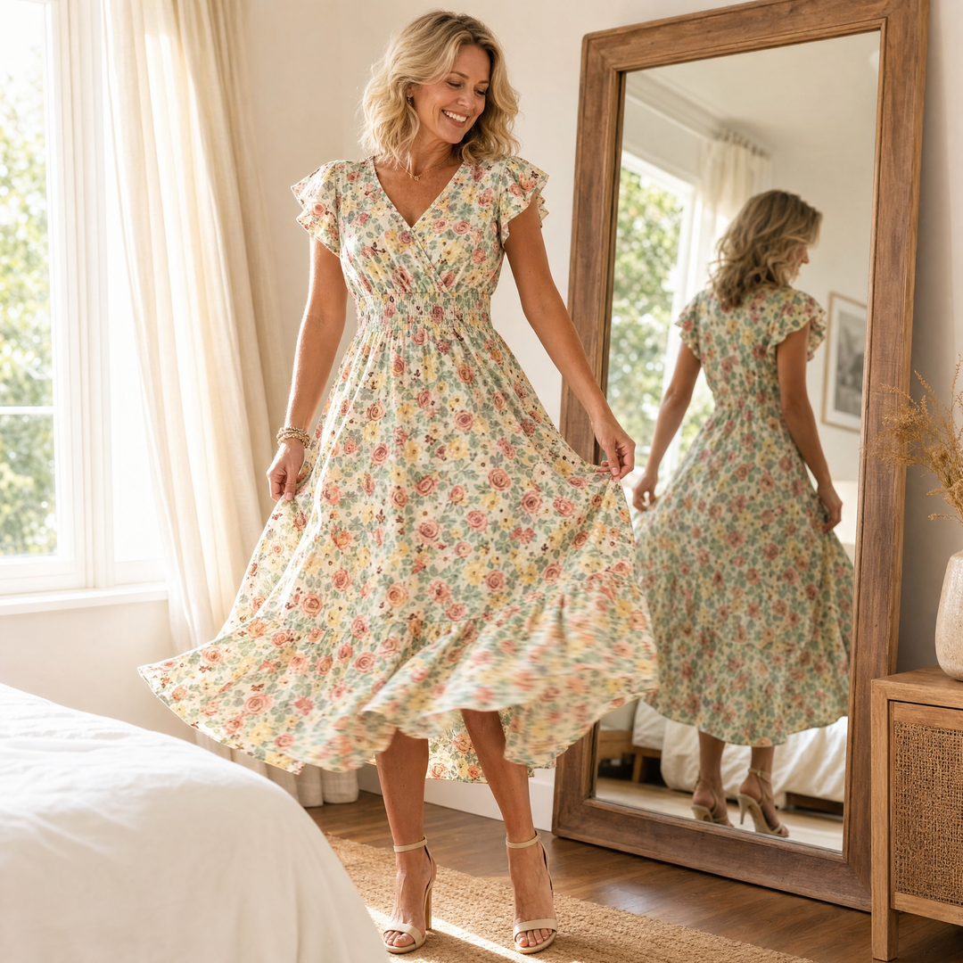 Florenza™ – Floral V-Neck Smocked Waist Midi Dress