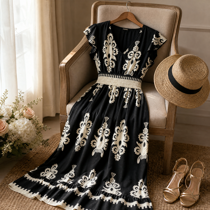 Osyrel™ – Damask Print Midi Dress with V-Neck