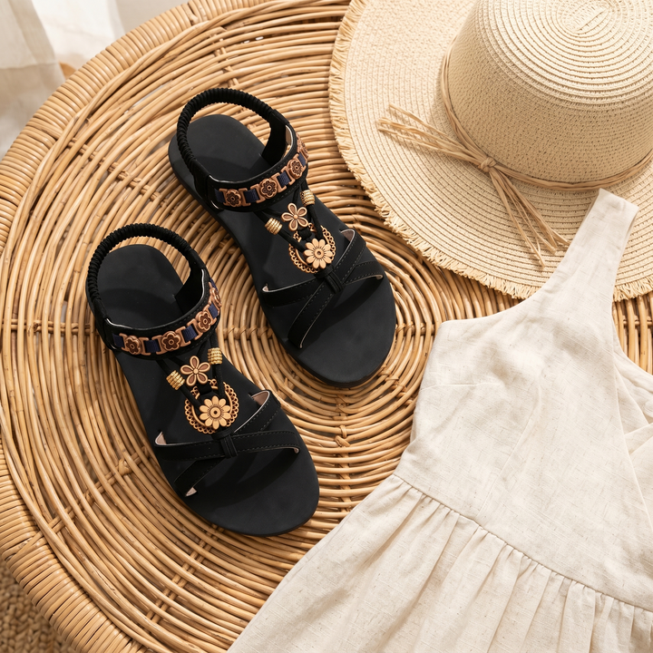 Soluna™ – Boho Flat Sandals with Gold Floral Charms