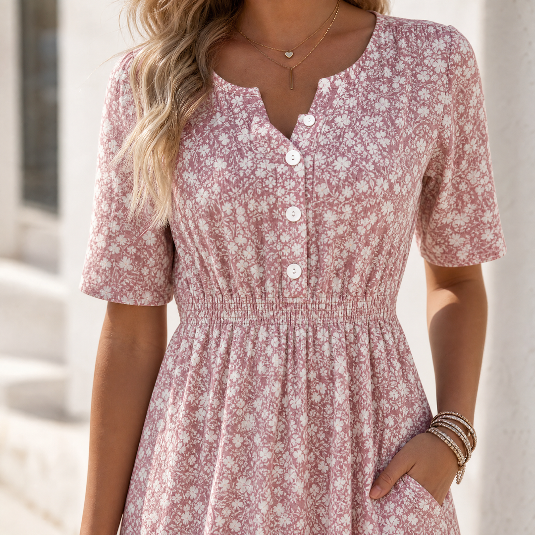 Soléra™ Floral V-Neck Midi Dress with Pockets