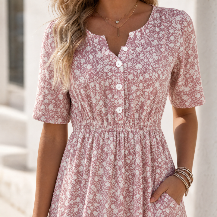 Soléra™ Floral V-Neck Midi Dress with Pockets