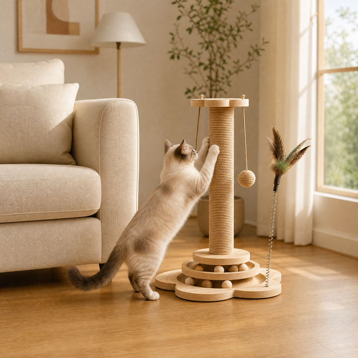 Purrch™ – 3-in-1 Sisal Scratching Post with Ball Track and Feather Wand