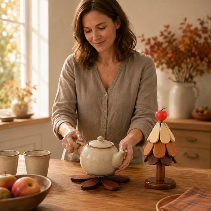 Pinecrest – Wooden Look Christmas Tree Trivet Set with Gravity