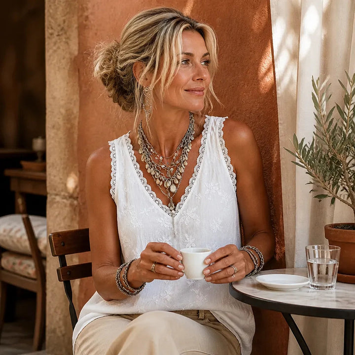 Solayne – White Lace V Neck Embroidered Look Tank Top for Women