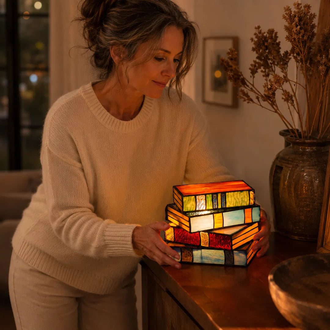 Lumira – Stained Glass Book Stack Table Lamp for Bedside & Reading Book