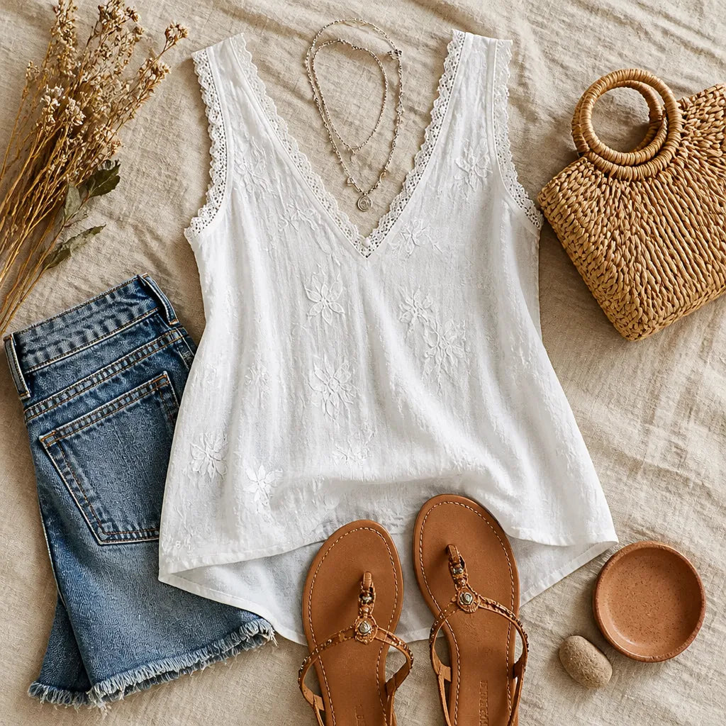 Solayne – White Lace V Neck Embroidered Look Tank Top for Women