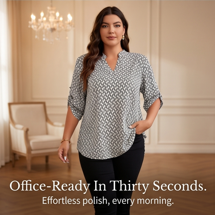 Lunavia™ Geometric V-Neck Blouse with Roll-Tab Sleeves