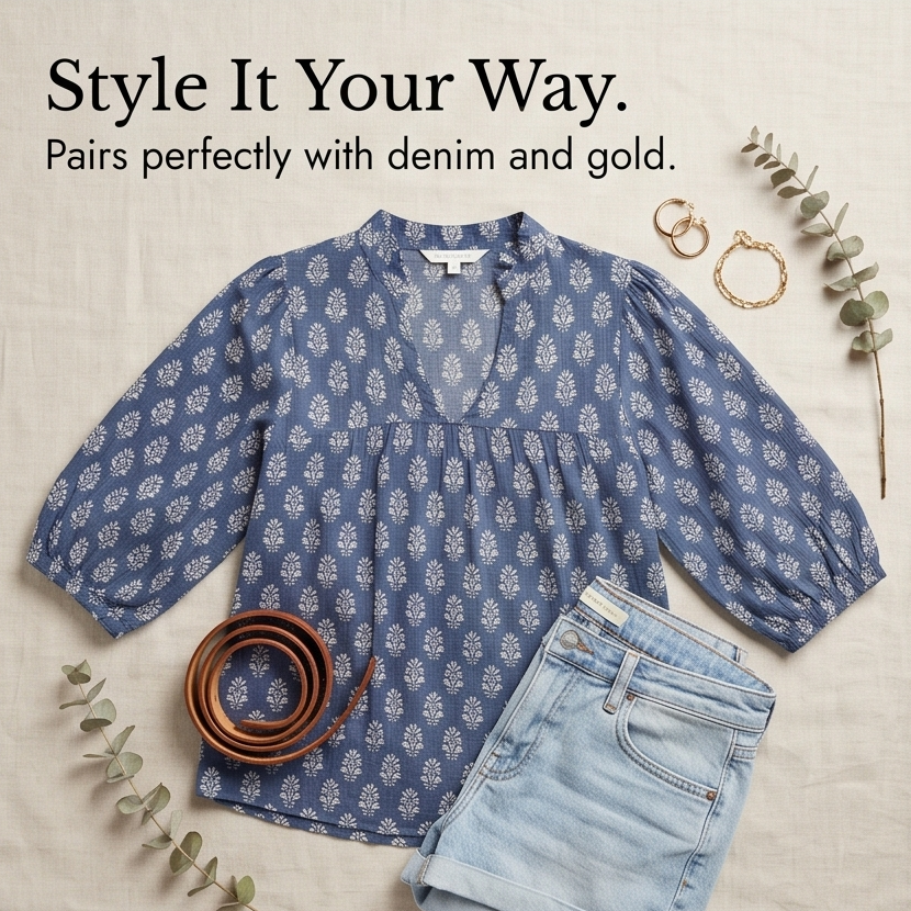 Marivell™ – Block-Print V-Neck Summer Blouse