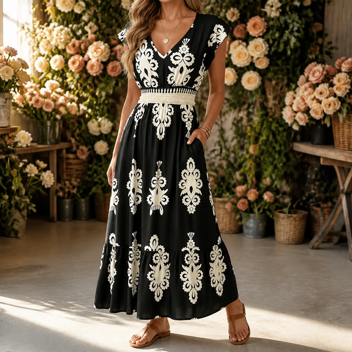Osyrel™ – Damask Print Midi Dress with V-Neck