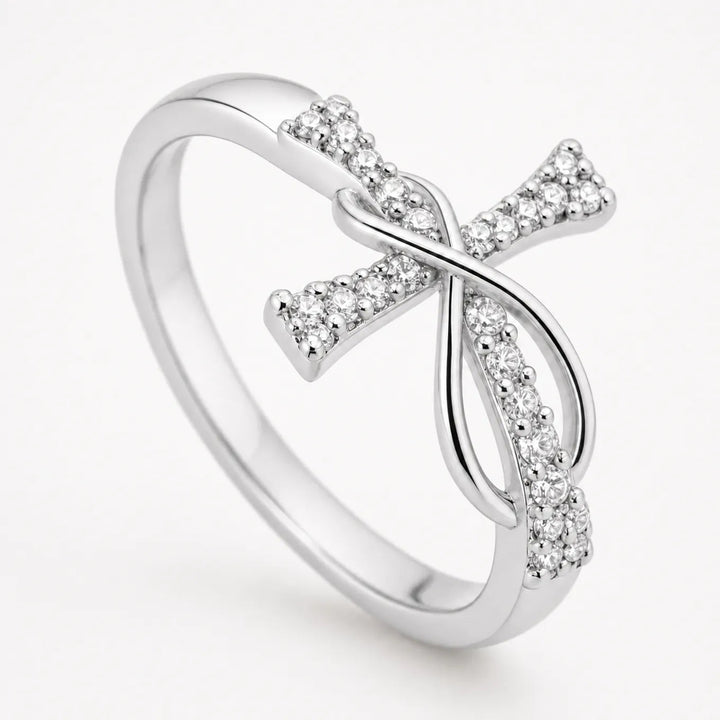 Graceloop – Mobius Cross Ring with Pavé Stones, Gold or Silver