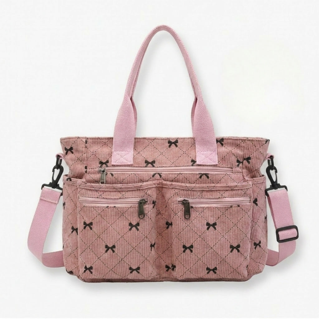 Bowette™ - Corduroy Bow-Print Tote with Laptop Pocket