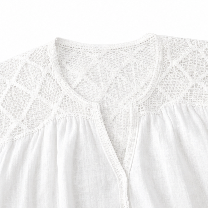 Solenne – Boho Shift Dress with Crochet-like Shoulders and Scalloped Hem