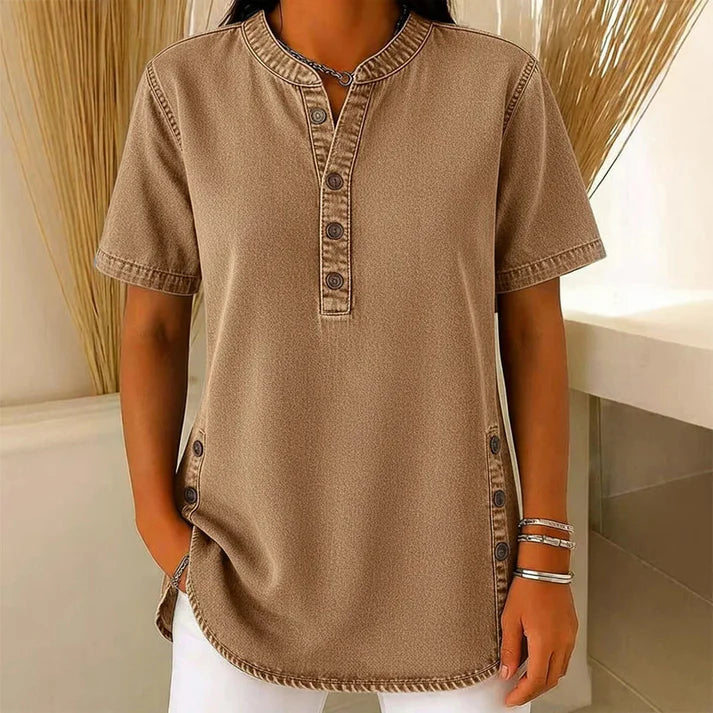 Avelyn – Henley Denim Tunic Top with Side Buttons for Women