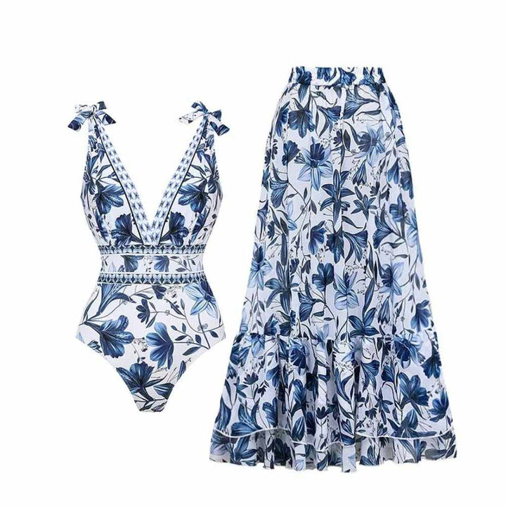 Solveya™ – Floral One-Piece Swimsuit with Matching Cover-Up Skirt