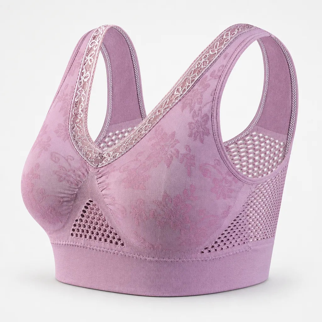 Aluvelle – Wireless Lift Bra with Breathable Mesh & Lace V-Neck