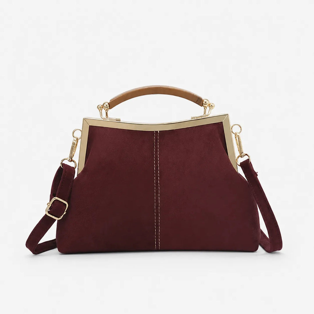 Marelli – Suede-look shell bag with gold tone-frame clasp and crossbody strap