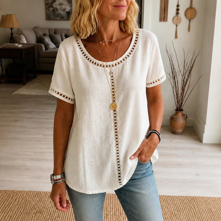 Marellia – Boho Openwork Trim Tunic Top for Women, Relaxed Fit Short Sleeve Summer Blouse