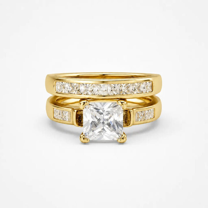Aurelys – Matching 2-Piece Cubic Zirconia Ring Set, Princess-Cut Stackable Bridal Style, Gold or Silver Tone