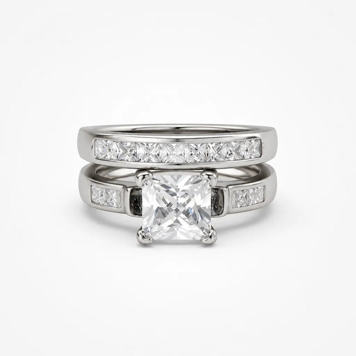 Aurelys – Matching 2-Piece Cubic Zirconia Ring Set, Princess-Cut Stackable Bridal Style, Gold or Silver Tone