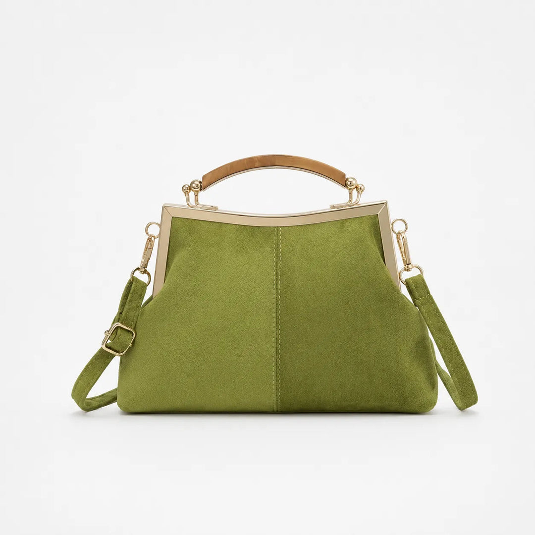 Marelli – Suede-look shell bag with gold tone-frame clasp and crossbody strap