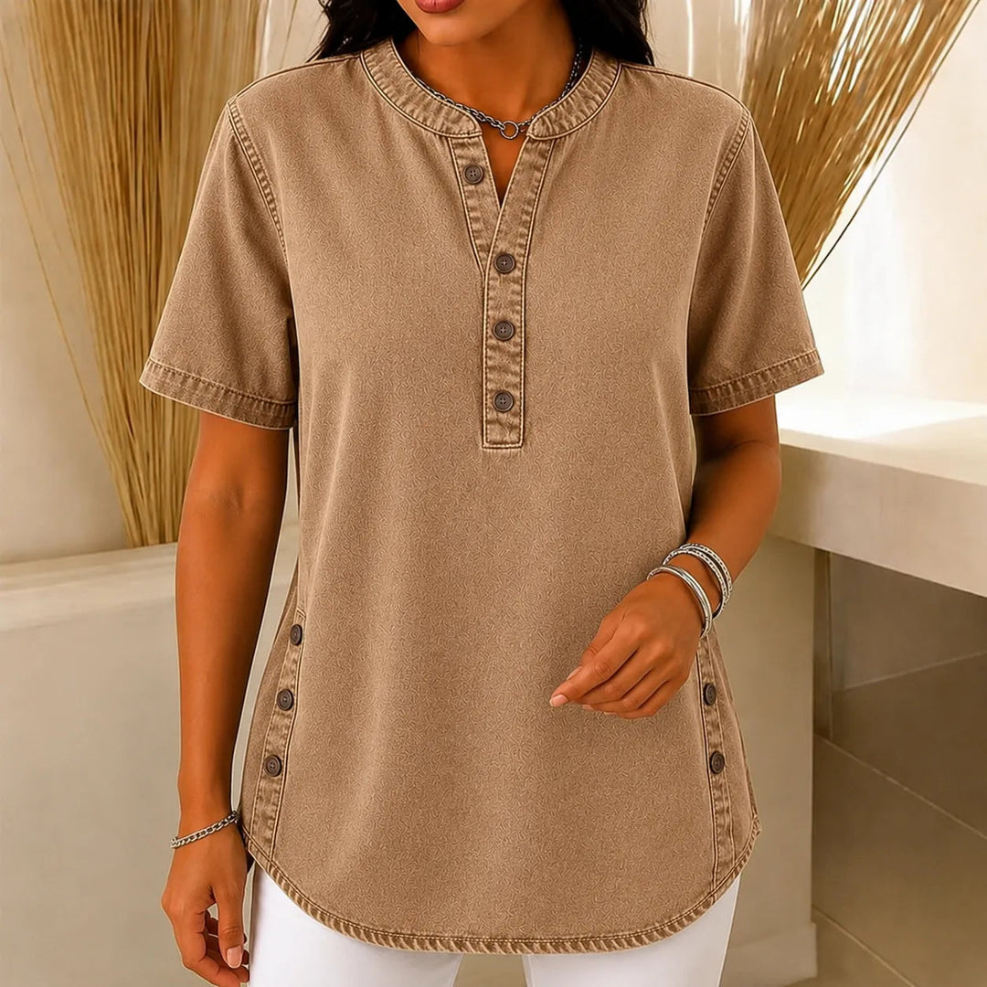 Avelyn – Henley Denim Tunic Top with Side Buttons for Women