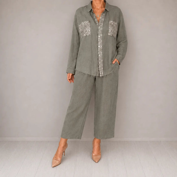 Sielora – Sequin Pocket Two Piece Set Wide Leg Pants Shirt Co-ord Women