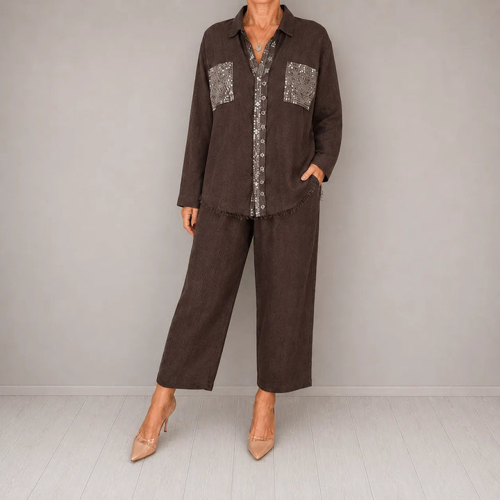 Sielora – Sequin Pocket Two Piece Set Wide Leg Pants Shirt Co-ord Women