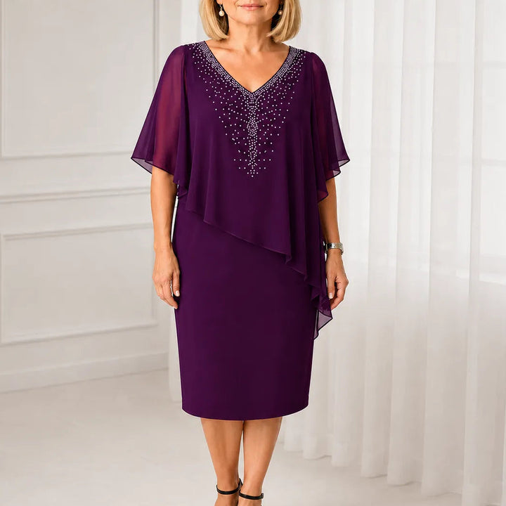 Velora – Rhinestone Look V-Neck Chiffon Like Cape Midi Dress
