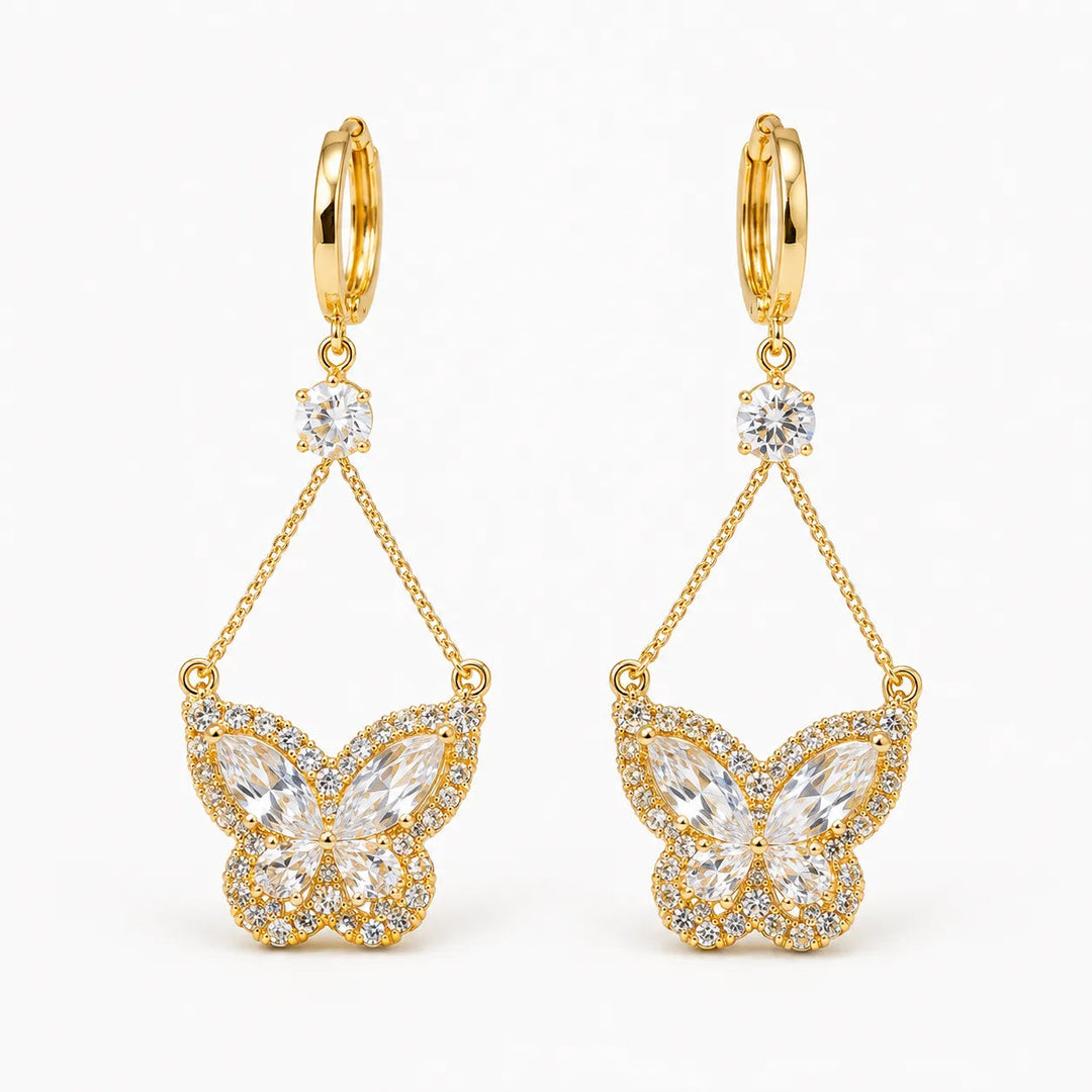 Papillore – Sparkling butterfly drop earrings, gold-plated cubic zirconia, delicate everyday elegance