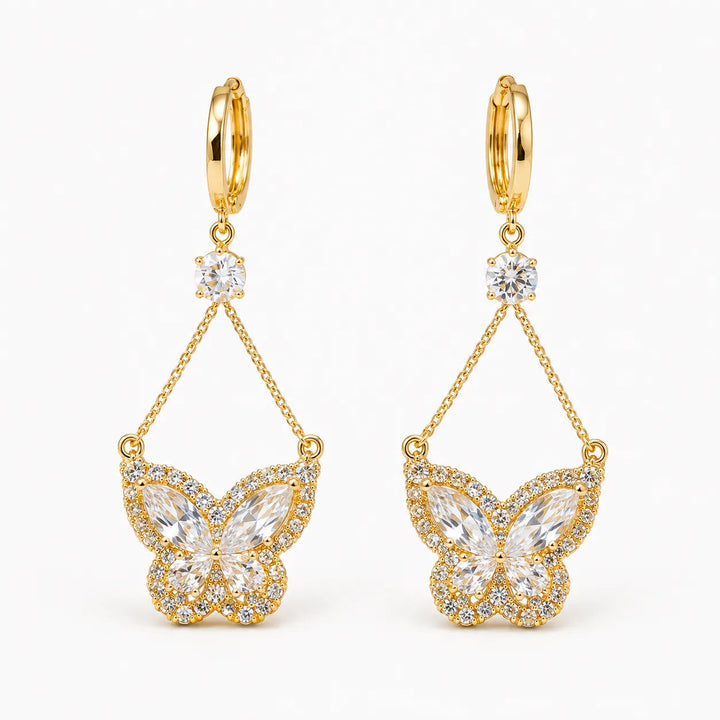 Papillore – Sparkling butterfly drop earrings, gold-plated cubic zirconia, delicate everyday elegance