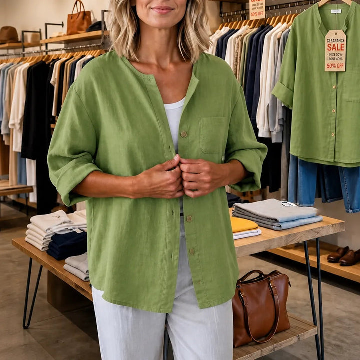 Marelle – Relaxed Fit Linen-Look Button Blouse with ¾ Sleeve
