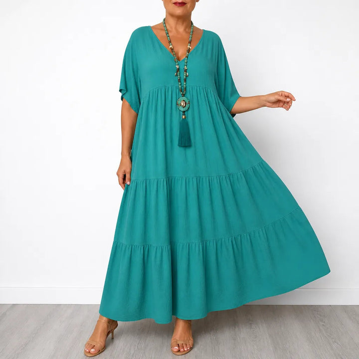 Vellira – Plus Size V-Neck Tiered Midi Dress